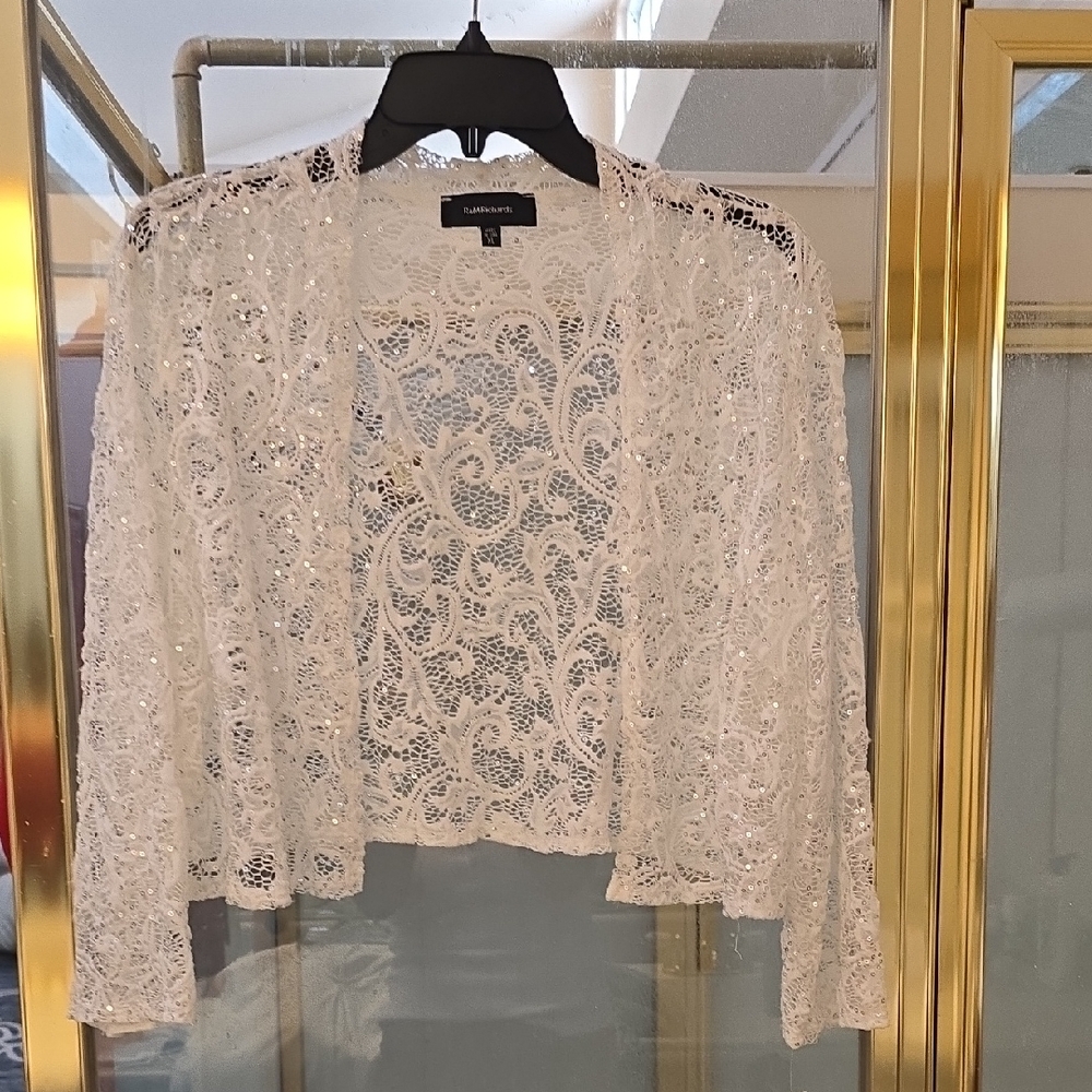 R&M Ruchards White Lace Sequin Open-Front Cardigan